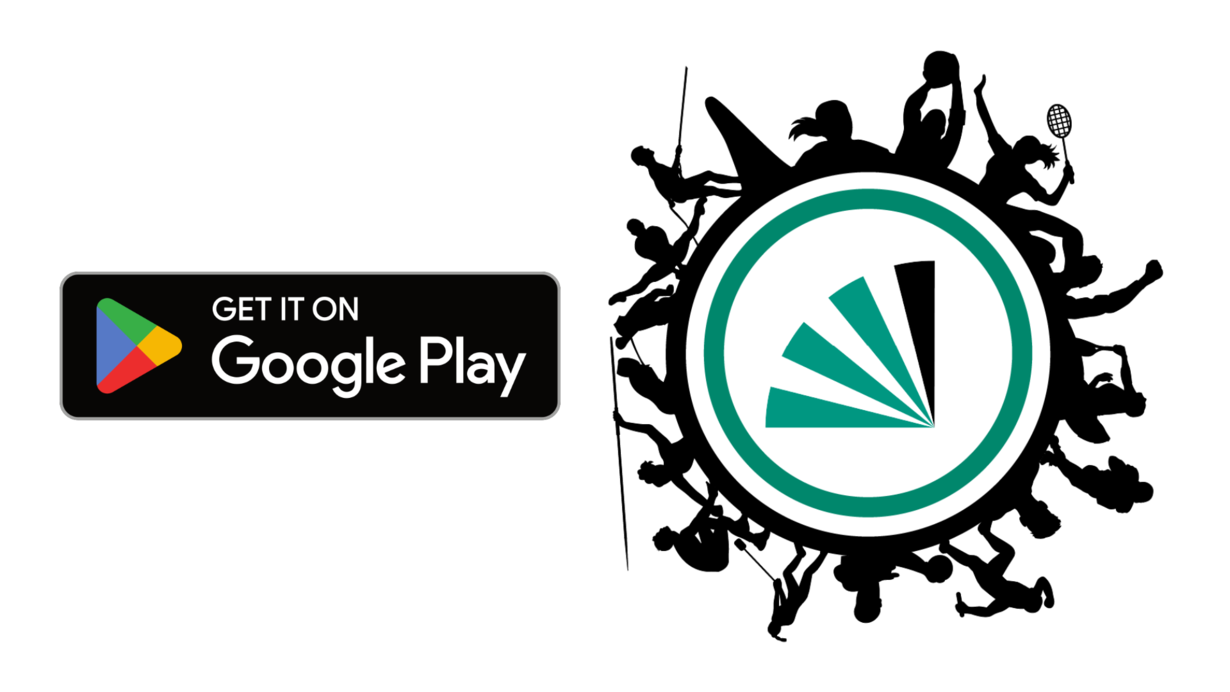 Sportliche Silhouetten um einen grünen Kreis mit Logo, daneben Google Play Store Button.