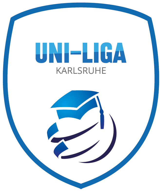Wappen mit blauem Rand, Text "UNI-LIGA KARLSRUHE" und stilisiertem Graduation-Motiv.